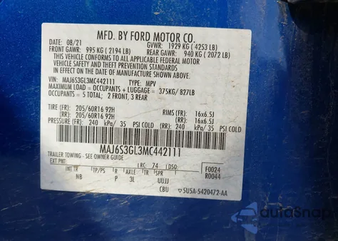 2021 Ford Ecosport Se z USA, uszkodzony, nr VIN MAJ6S3GL3MC442111